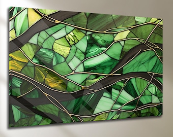 Arte mural abstracto en vidrio templado verde, diseño moderno de vitrales.