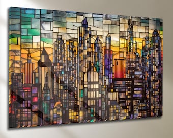 Arte mural en vidrio templado, paisaje urbano en vitral, decoración moderna para sala de estar