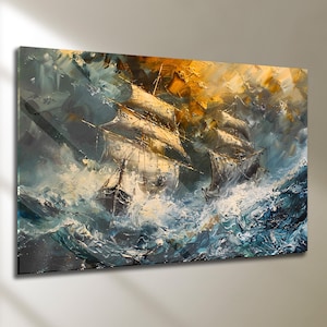 May include: An oil painting depicts two tall ships battling a stormy sea. The artwork uses a palette of blues, whites, and golden hues to capture the turbulent waves and dramatic sky. The ships' sails are billowing, conveying a sense of movement and struggle.
