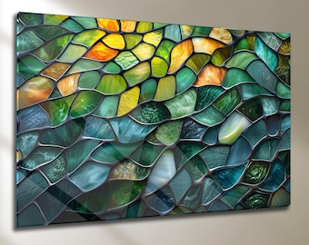 Arte mural de vidrio templado en mosaico, diseño abstracto verde y amarillo