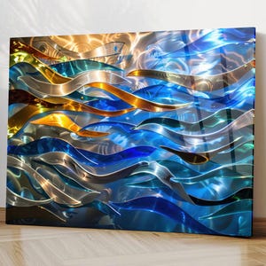 Tempered Glass Ocean Wave Wall Art – Blue Teal Gold Coastal Decor