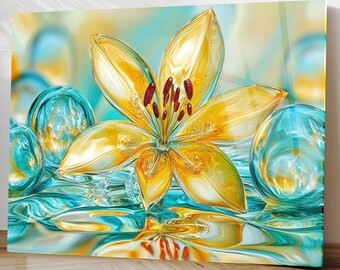 Arte de pared de vidrio templado, arte floral abstracto, decoración floral moderna en 3D, arte brillante y colorido.