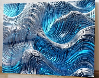 Arte de pared de vidrio templado 3D con ondas metálicas azules abstractas y océano, decoración moderna de lujo