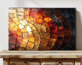 Arte mural en vidrio templado, arte abstracto en vitrales, decoración mural en mosaico cálido y terroso, arte moderno con textura