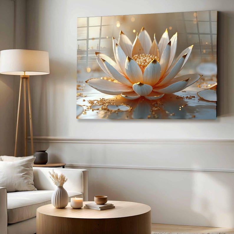 Golden Lotus Flower Tempered Glass Wall Art Zen Spa Floral Decor - Etsy