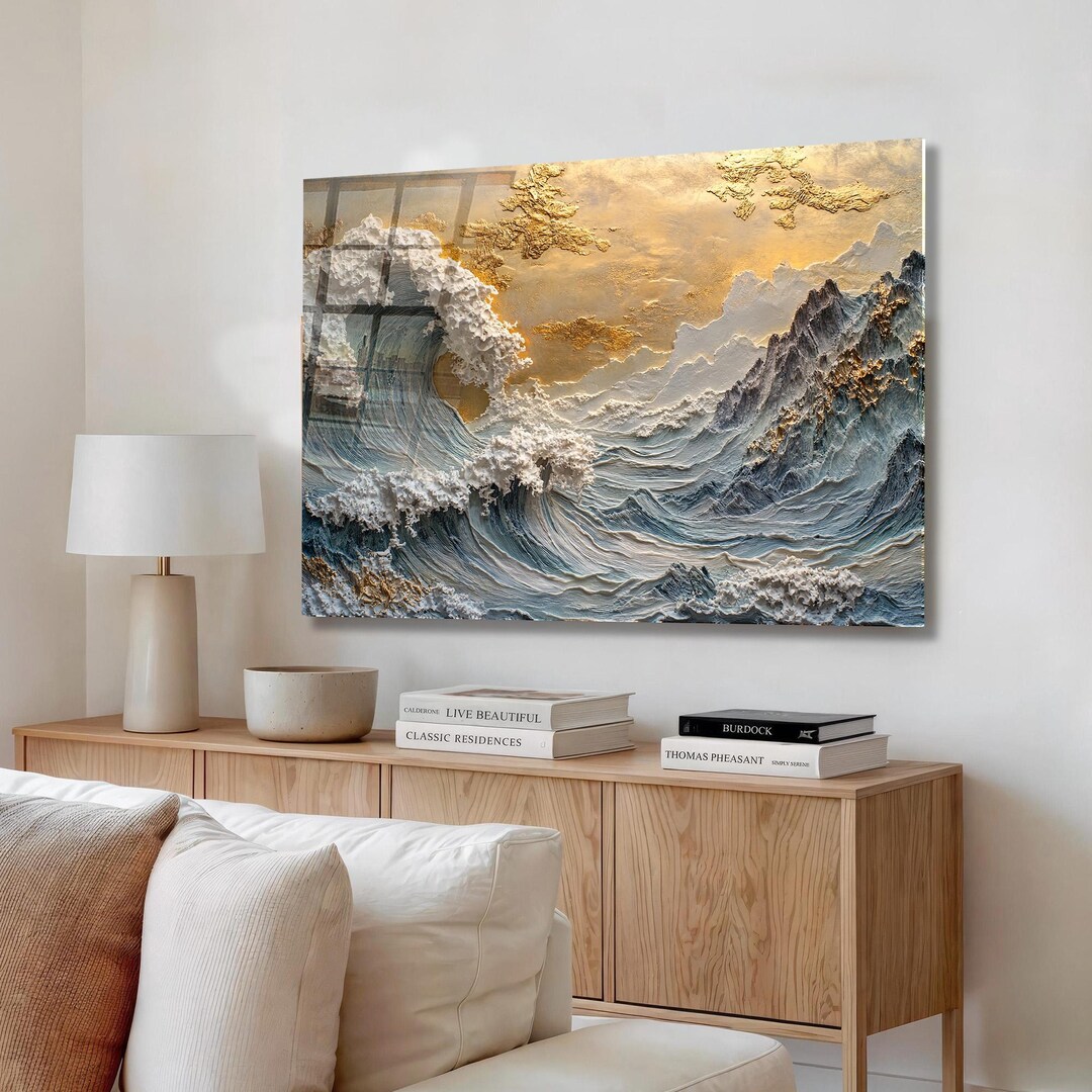 Tempered Glass Wall Art Ocean Wave, Gold Coastal Seascape Decor - Etsy