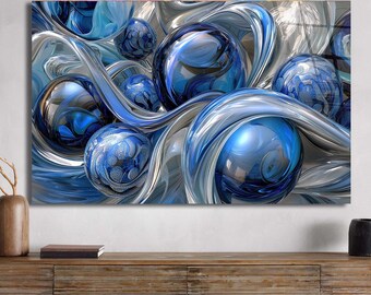 Cuadro de pared de vidrio templado con diseño abstracto fluido en azul, decoración de lujo moderna y llamativa.