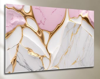 Pink Marble Gold Abstract Tempered Glass Wall Art, Glam Decor
