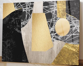 Luxury Abstract Geometric Tempered Glass Wall Art, Black Grey Gold