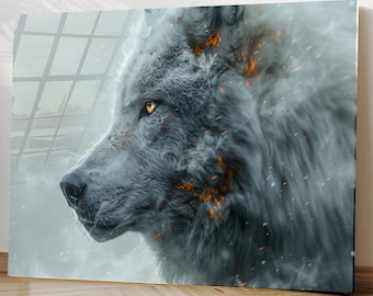 Wolf Tempered Glass Wall Art, Mystical Animal Portrait, Dark Aesthetic Nature Decor