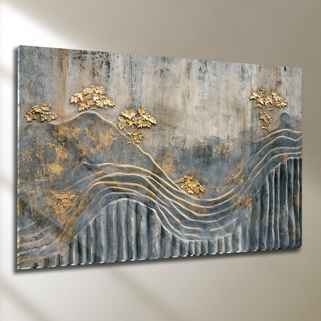Embossed Landscape Gold Embossed Tempered Glass Wall Art β Abstract Mountain Landscape - Etsy