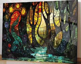 Tempered Glass Wall Art: Abstract Stained Glass Forest