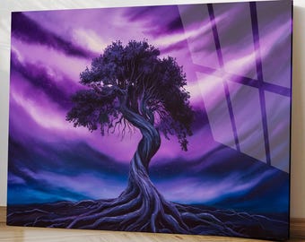 Arte de pared de vidrio templado con diseño de árbol de fantasía, morado, naturaleza, noche mística, arte de pared moderno extragrande.