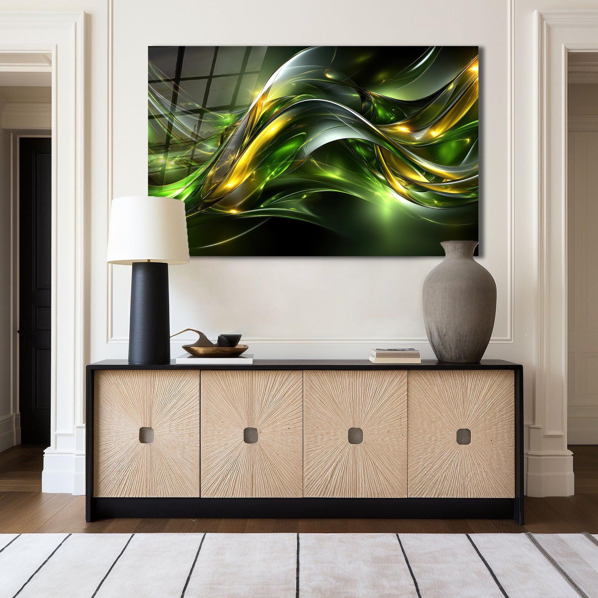 Tempered Glass Wall Art Emerald Green Gold Abstract – Modern Metallic ...