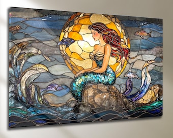 Mermaid Stained Glass Look Tempered Glass Wall Art, Coastal Home Decor