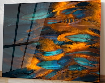 Teal and Gold Feather Wall Art, Modern Acrylic Glass Print, Abstract Feather Decor