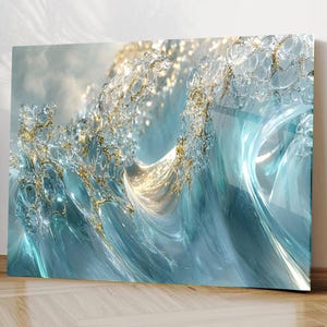 Décoration murale en verre trempé Aqua Gold Wave liquide - Abstrait océan