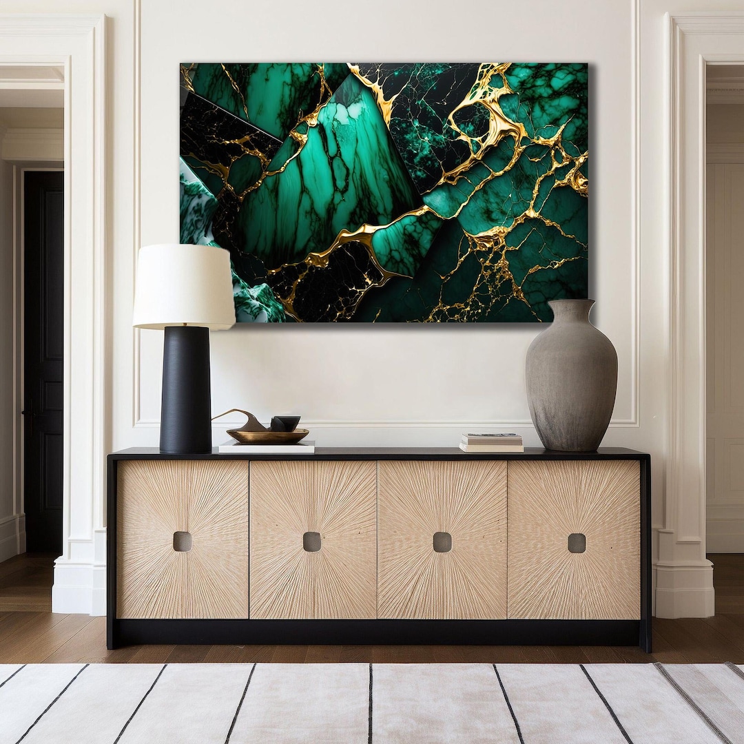 Emerald Green Marble Tempered Glass Wall Art, Gold Abstract Decor - Etsy