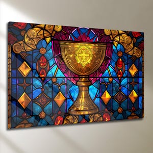 Golden Chalice Stained Glass Tempered Glass Wall Art, Sacred Medieval Decor