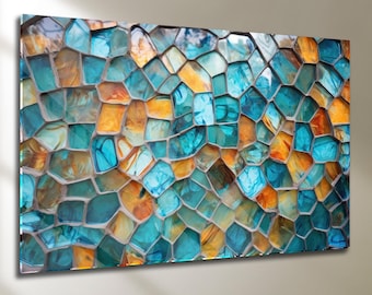Arte mural en vitral de mosaico azul, decoración moderna en vidrio templado
