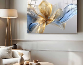 Tempered Glass Wall Art, Golden Blue Abstract Flower, Modern Home Decor