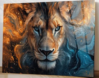 Arte de pared de vidrio templado con retrato de león, animal, vida silvestre, poder, arte de pared moderno extragrande