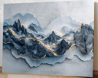 Arte de pared de vidrio templado, paisaje montañoso abstracto, decoración de pared moderna con efecto 3D