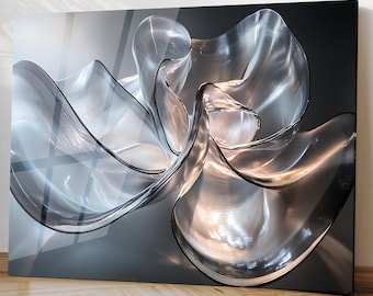 Arte de pared de vidrio templado, decoración abstracta plateada, arte fluido moderno, diseño contemporáneo de lujo para el hogar.