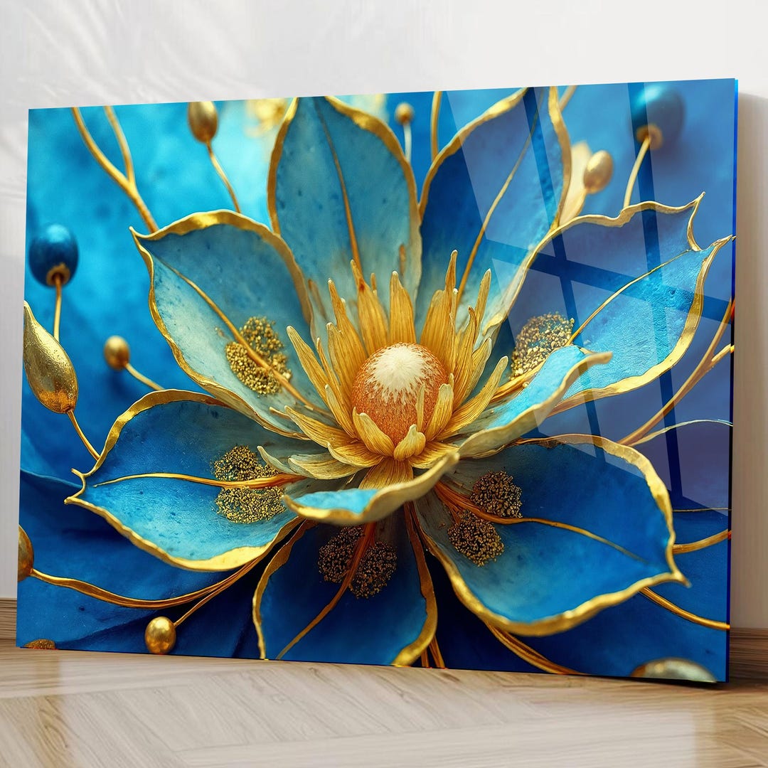 Blue and Gold Floral Tempered Glass Wall Art, Modern 3D Style Flower - Etsy
