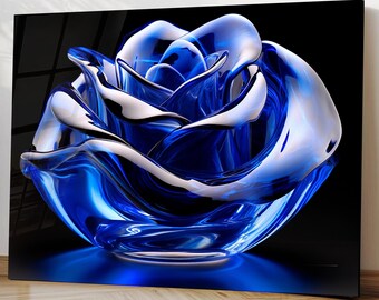 Arte de pared de vidrio templado con diseño floral abstracto de rosas azules y aspecto escultural moderno.