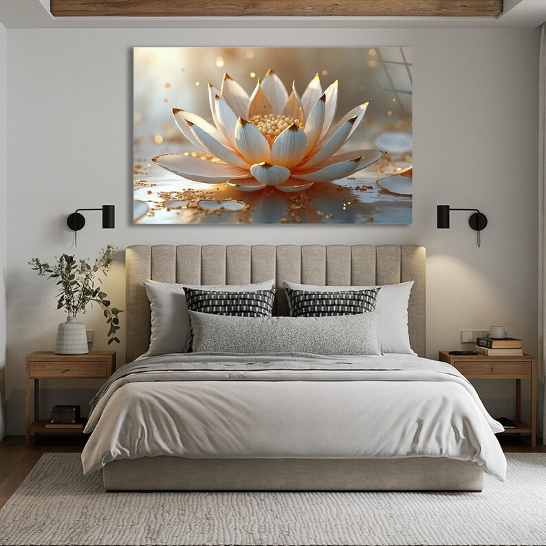 Golden Lotus Flower Tempered Glass Wall Art Zen Spa Floral Decor - Etsy
