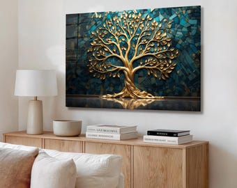 Árbol de la Vida Dorado, Arte Mural en Vidrio Templado, Mosaico Azul Verdoso