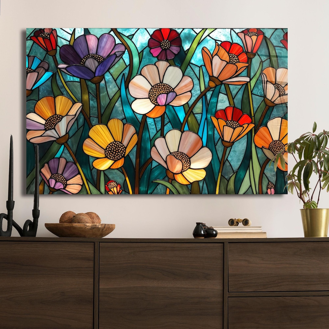 Floral Stained Glass Look Tempered Glass Wall Art, Modern Home Decor - Etsy