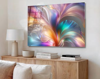 Arte mural de vidrio templado con diseño floral abstracto colorido: decoración botánica moderna