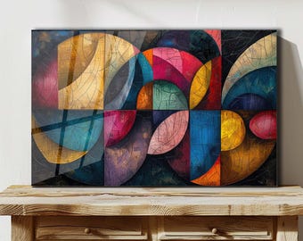 Arte de pared de vidrio templado, obra de arte geométrica moderna, decoración abstracta vibrante