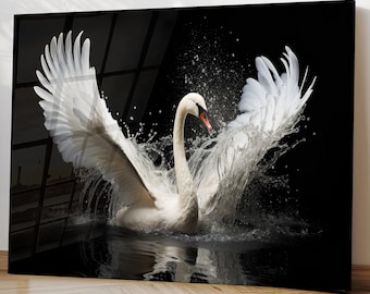 Elegant Swan Tempered Glass Wall Art: Black Background, Nature Inspired
