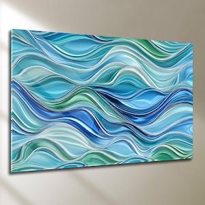Tempered Glass Wall Art, Abstract Blue Teal Ocean Waves, Coastal Decor
