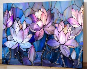 Arte de pared de vidrio templado con flor de loto y aspecto de vitral