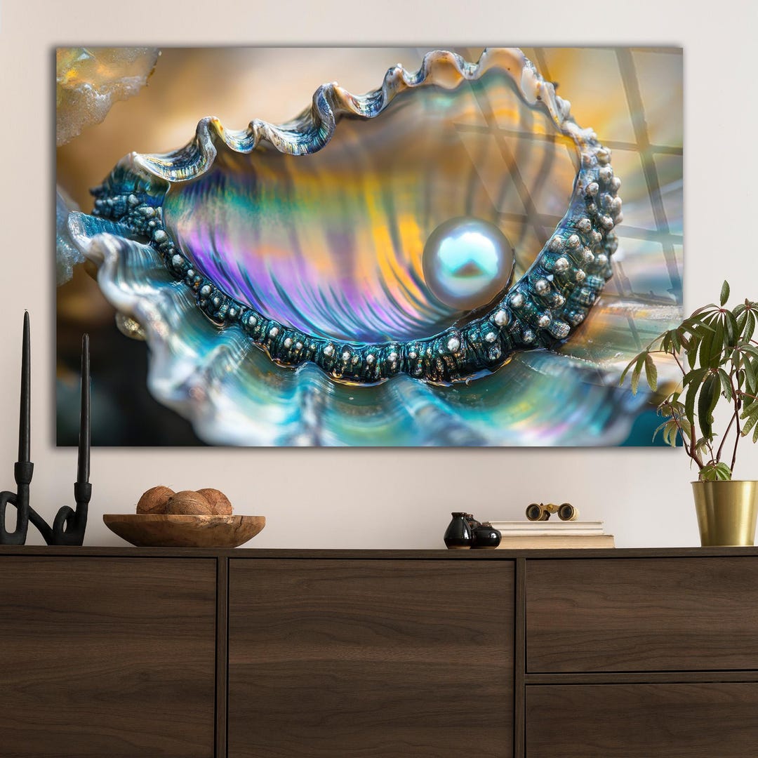 Iridescent Pearl Shell Tempered Glass Wall Art – Teal Gold Coastal ...