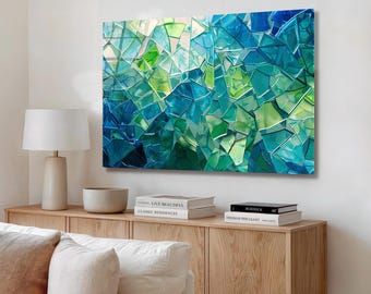 Arte mural de vidrio templado con efecto mosaico verde azulado – Decoración oceánica moderna