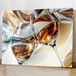 Peut inclure: Impression artistique abstraite représentant deux verres à vin remplis de liquide ambré. Les verres sont placés sur un fond de formes tourbillonnantes, métalliques, dans des tons or, argent et marron. L'œuvre a un aspect moderne et élégant.