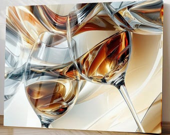 Arte de pared de vidrio templado con copas de vino abstractas doradas