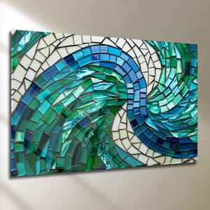 Tempered Glass Wall Art, Blue Green Mosaic Wave, Coastal Decor