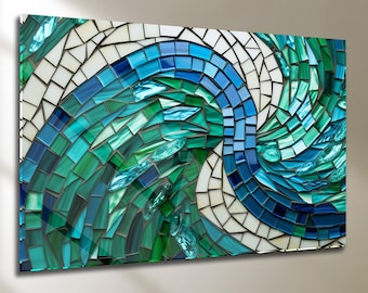 Arte mural de vidrio templado, mosaico azul verdoso con forma de ola, decoración costera