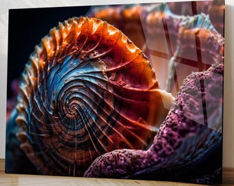 Seashell Glass Wall Art – Spiral Nautilus, Modern Coastal Decor