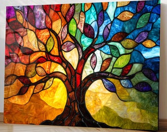 Arte de pared de vidrio templado con diseño de árbol de la vida colorido, vitral estilo espiritual para decoración del hogar.