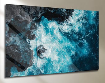 Tempered Glass Ocean Wave Wall Art, Coastal Seascape Photography