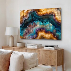 Gehärtetes Glas Achat Wandkunst - Blaue Gold Geode, Luxus Edelstein Dekor
