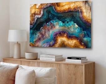 Gehärtetes Glas Achat Wandkunst - Blaue Gold Geode, Luxus Edelstein Dekor