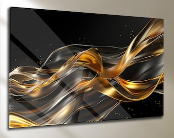 Black and Gold Abstract Tempered Glass Wall Art